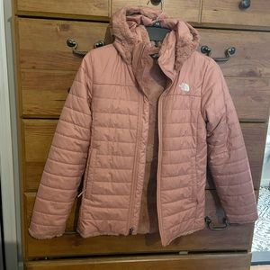North Face 10/12 M down soft pink color. Hood.